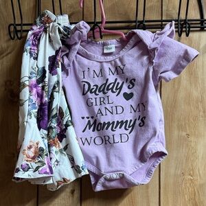 SHEIN Lilac Ruffle Sleeve Baby Girl Onesie and Floral Headwrap Set